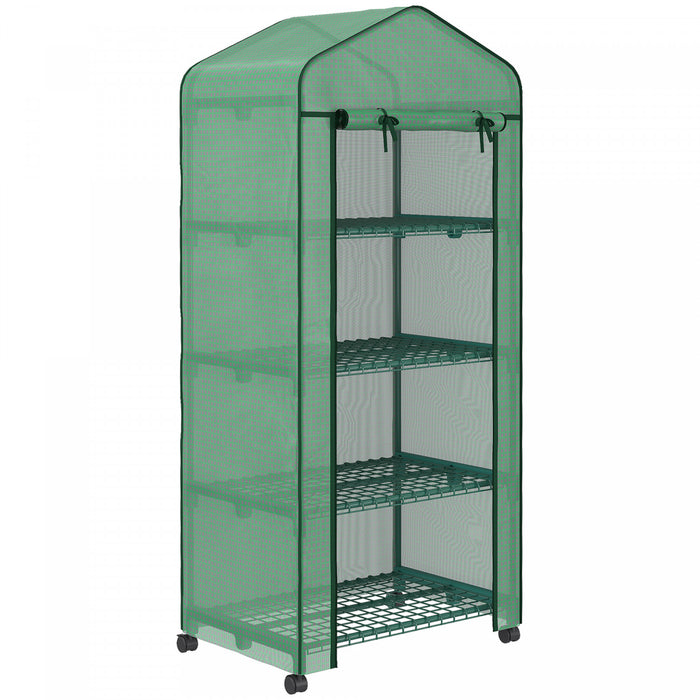 Outsunny 27\" X 20\" X 65\" Portable Greenhouse With 4 Tier Shelves And Wheels, Outdoor Hot House Plant Flower Greenhouse, Steel Frame, Pe Cover, Green