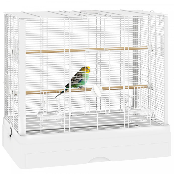 Pawhut 22\" Bird Cage For Budgie, Finches, Canaries, Love Birds, Large Parrot Cage With Wooden Stands, Slide-out Tray, Handle, Food Containers, White
