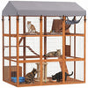 PawHut Large Cat House with Anti-Escape Floor, 81\" H Wooden Catio Outdoor Cat Enclosure with Waterproof Cover, Walk in Door, Condo, Hammock, Ramp, Bridge, for 2-4 Cats, Orange