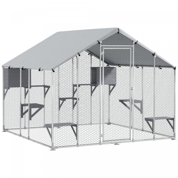 Pawhut 94.5\" Extra Large Catio Outdoor Cat Enclosure, Walk In Cat Cage With Waterproof Cover, 2 Resting Boxes, 7 Platforms, Metal Chicken Run Hen House Rabbit Hutch For Outside