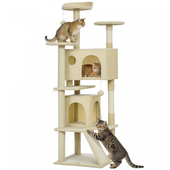 PawHut 63\" Cat Tree, Cat Tower for Indoor Cats with Scratching Posts, Cat Condos, Bed, Platforms, Ramp, Toy Ball, Cat Activity Center, Cream White