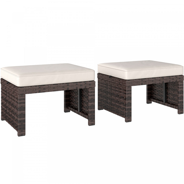 Outsunny Wicker Outdoor Ottoman Footstool with Cushion, Set of 2, Khaki