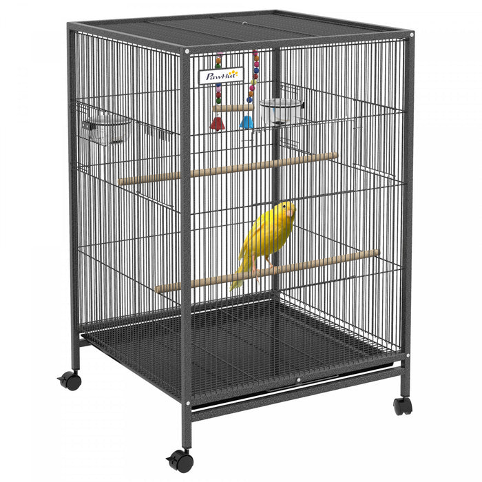 Pawhut 29\" Bird Cage With Rolling Stand For Parrots, Love Birds, And Finches, Large Bird Cage With Colourful Swing, Stainless Steel Bowls, Removable Tray - Grey