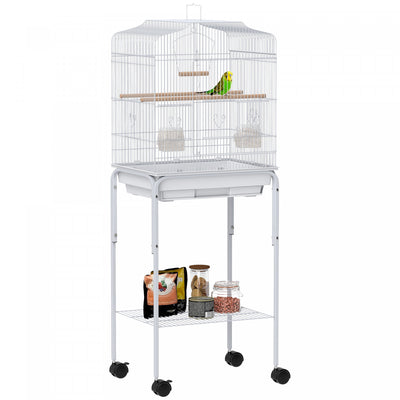Pawhut 49" Bird Cage For Finches, Canaries, Budgies, Parrot Cage With Accessories, Wheels, Detachable Stand, Storage, White