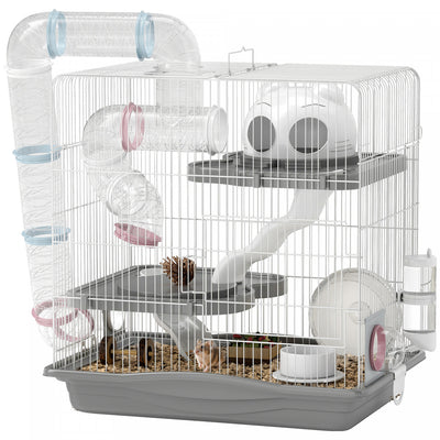 PawHut Hamster Cage, 3-Level Small Animal House with Exercise Wheel, Food Bowl, Water Bottle, House, Tunnels, Ramps, Gerbil Cage for Dwarf Hamster, 18" x 12" x 18", Grey