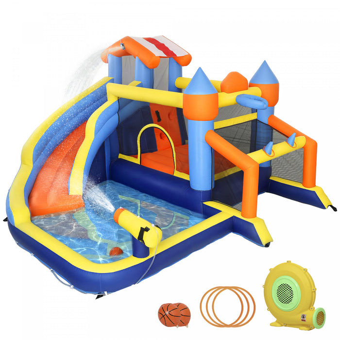 Qaba 8 in 1 Bouncy Castle for Kids, Inflatable Bounce House with Slide, Pool (Ball Pit), Climbing Wall, Basketball Hoop, Ring Toss, Water Cannon, Blower for Indoor Outdoor