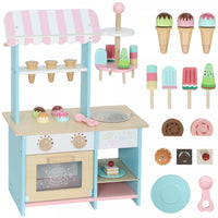 Qaba Wooden Ice Cream Toy Shop, Pretend Play Food Store with Toy Food and Oven for Kids, Pretend Play Dessert Shop Counter Stand for Boys and Girls Aged 3+