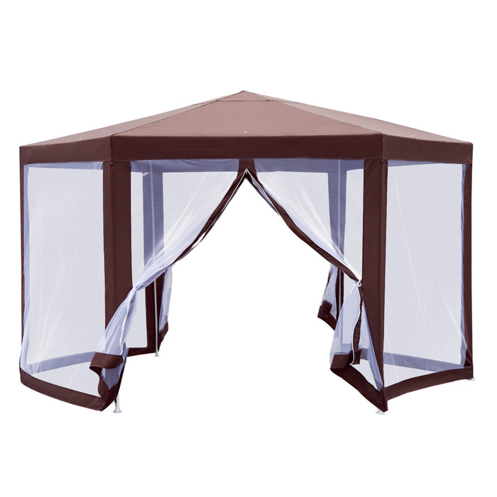 Outsunny 13' X 11' Hexagonal Garden Gazebo Patio Party Outdoor Canopy Tent Sun Shelter W/ Mosquito Net Zipped Door - Brown