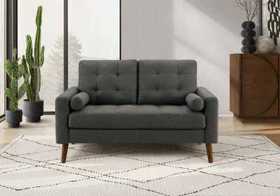 Upholstered Love Seat, 58" L, Dark Grey Fabric, Walnut Wood Legs, Mid-Century Modern Loveseat | Causeuse Rembourre, 58" L, Tissu Gris Fonce, Pieds En Bois De Noyer, Mid Century, Moderne