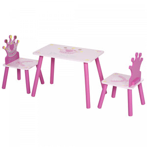 Qaba 3-piece Set Kids Wooden Table Chair With Crown Pattern Easy To Clean Gift For Girls Toddlers Age 2-4 Years Old Pink