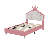 Lily Lovely Crown Fantasy Princess Bed with Tufted PU Leather Headboard,Twin Size Twin Bed 