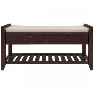 Stephanie Pine Wood Shoe Rack Bench With Cushioned Seat With Storage Drawers - Espresso