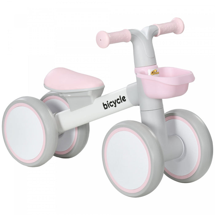 Qaba Baby Balance Bike, Toddler Balance Bike For 12-36 Months With Adjustable Seat, Removable Basket, 4 Silent Wheels, No Pedal Baby Bike For Boys And Girls, Pink