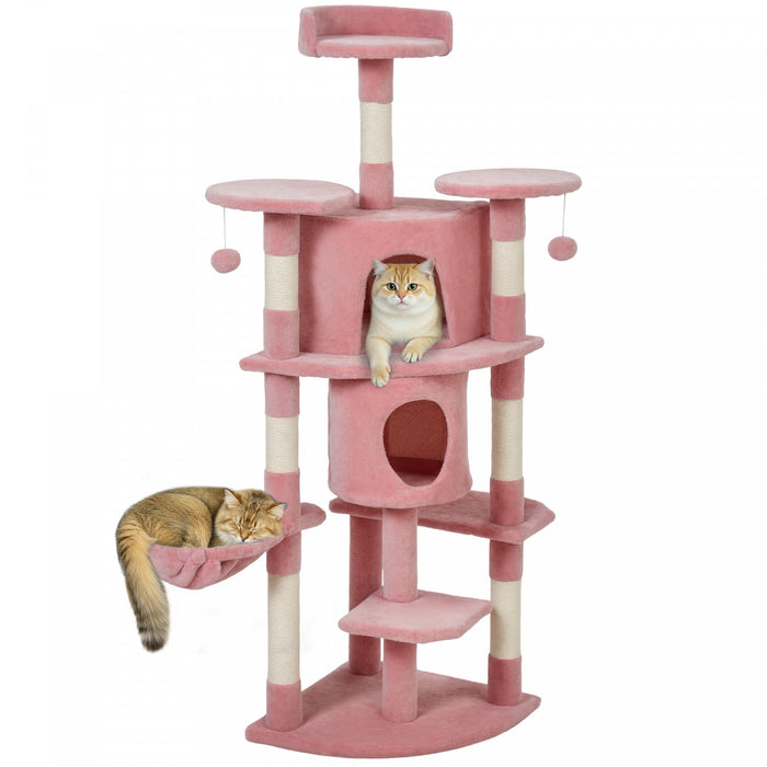 PawHut Cat Tree, 62\" Multi-Level Cat Tower with Scratching Posts, 2 Condos, Hammock, Perches, Plush, Pompoms, for Indoor Kittens Playing, Resting, Sleeping, Pink