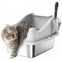 PawHut Cat Litter Box Stainless Steel, High Sided with Metal Litter Scoop, Never Absorbs Odors, Anti Leakage & Easy to Clean, 17
