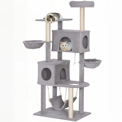 PawHut Cat Tree, 66 Inch Large Cat Tower with 2 Door Condos, 3 Big Hammocks, Plush Top Perch, Sisal Scratching Posts, Multi-level Kitty Tree for Indoor Kittens, Light Grey