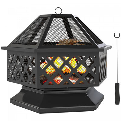 Outsunny 28" Outdoor Fire Pit Grill Firepit with Spark Screen, Poker, Black