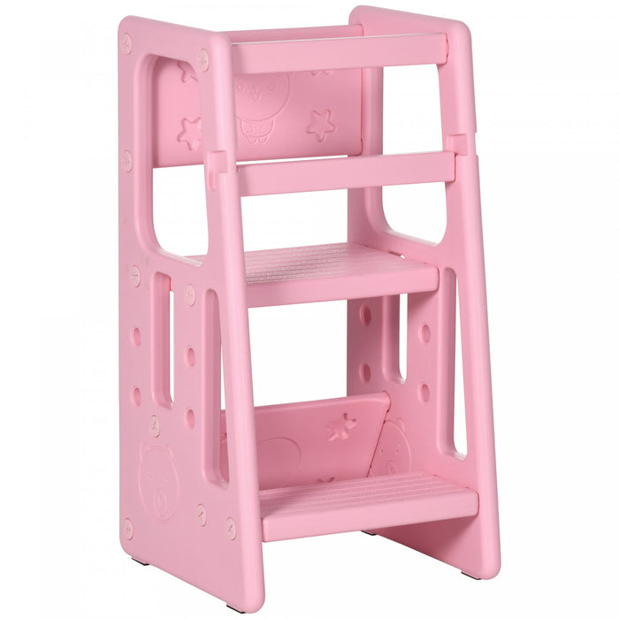 Qaba Toddler Kitchen Helper 2 Step Stool With Adjustable Height Platform And Safety Rail, Pink