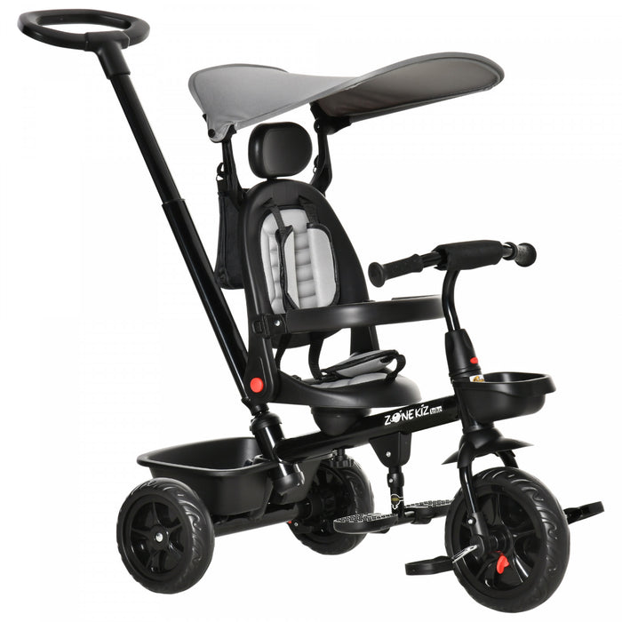 Qaba Kids Tricycle 4 In 1 Trike With Reversible Angle Adjustable Seat Removable Handle Canopy Handrail Belt Storage Footrest Brake Clutch For 1-5 Years Old Grey