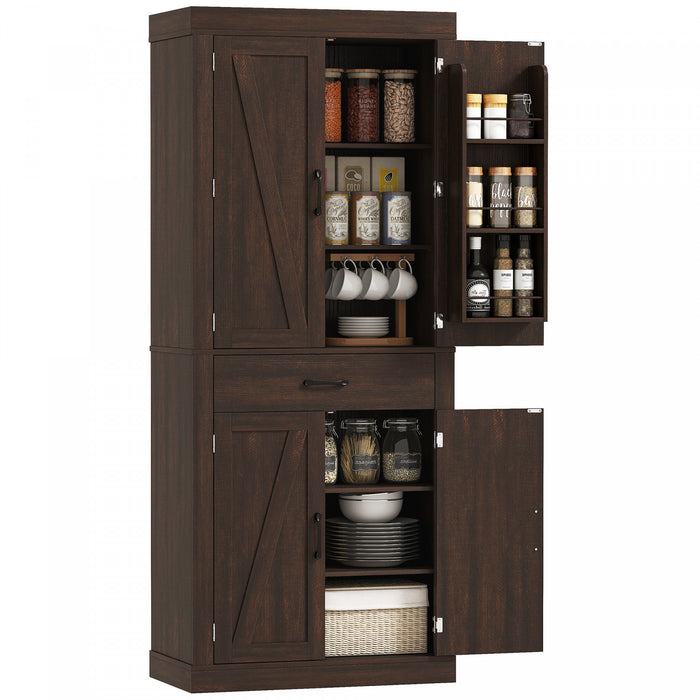72\" Kitchen Pantry Cabinet, Kitchen Storage Cabinet with Barn Doors, Brown