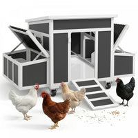 PawHut Chicken Coop, Wooden Hen House with Wheels for 6 Chickens, Outdoor Poultry Cage Rabbit Hutch Duck Coop Hen House with Nesting Box, Tray, Windows, Dark Grey