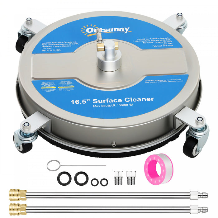 Outsunny 16\" Pressure Washer Surface Cleaner 3600 PSI with Stainless Steel Construction, 4 Wheels, 1/4\" Quick Connector, 2 Extension Wands, Power Washer Surface Cleaner, Silver