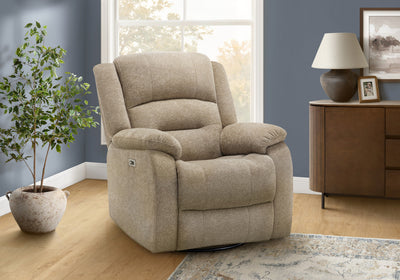 MONARCH SPECIALTIES 34" WIDE, LARGE UPHOLSTERED POWER RECLINING CHAIR, USB PORTS INCLUDED, BEIGE FABRIC, TRANSITIONAL RECLINER | MONARCH SPECIALTIES 34" DE LARGEUR, GRAND FAUTEUIL REMBOURRE INCLINABLE, PORT USB INCLUS, TISSU BEIGE, TRANSITIONNEL