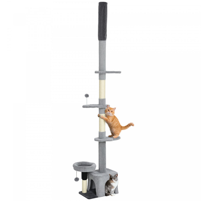 PawHut Floor to Ceiling Cat Tree, 4 Tiers Cat Tower, Adjustable Height 89-100\", Tall Kitty Climbing Tower w/ Scratching Post, Condo, Bed, Perches, Dangling Ball for Indoor Kittens