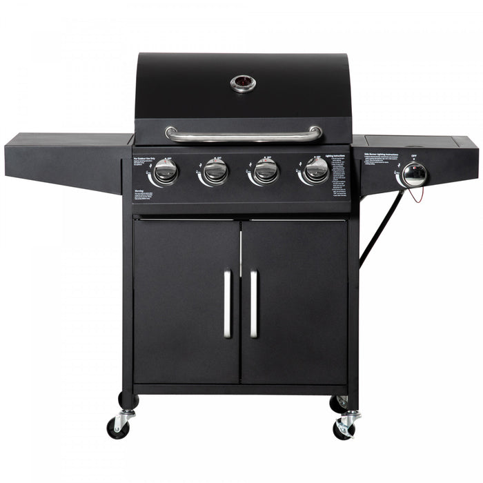 Outsunny 4+1 Burner Liquid Propane Gas Grill, 48,000 BTU Outdoor Portable BBQ Grill with Side Burner, Warming Rack, Side Shelf, Storage Cabinet, Thermometer, 4 Wheels, Black