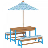 Qaba Kids Picnic Table with Umbrella, Toddler Sand and Water Table Outdoor, with Cushions & 2 x Boxes, Wooden Outdoor Activity Table and Bench Set for Backyard Garden Patio, Blue