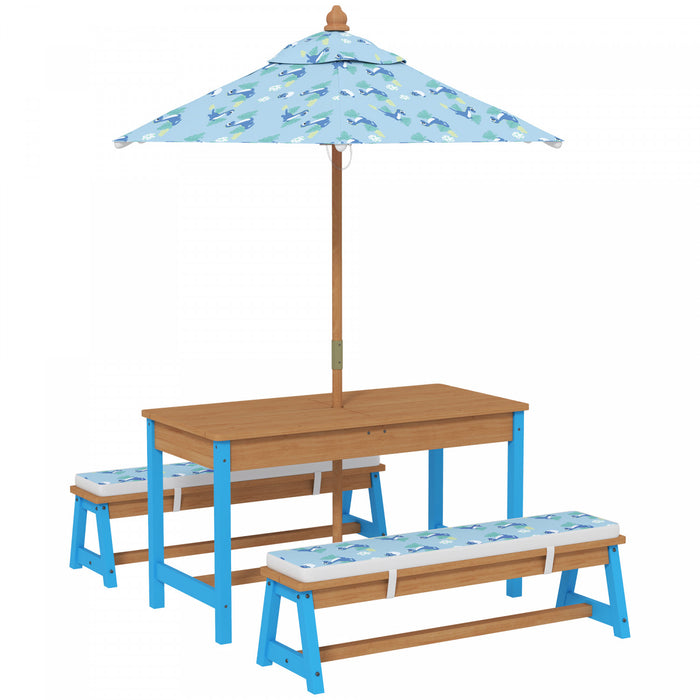Qaba Kids Picnic Table with Umbrella, Toddler Sand and Water Table Outdoor, with Cushions & 2 x Boxes, Wooden Outdoor Activity Table and Bench Set for Backyard Garden Patio, Blue