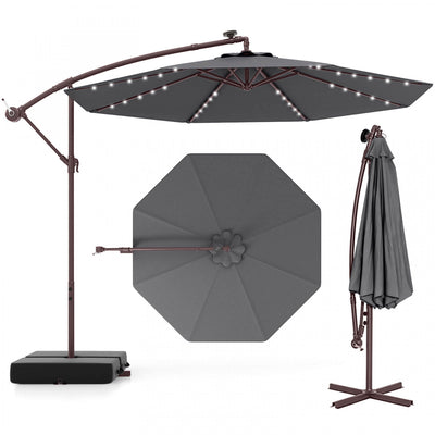 Costway Patio 10FT Hanging Offset Umbrella 32 LED Lights Sand Bag Outdoor Cross Base Dark Gray