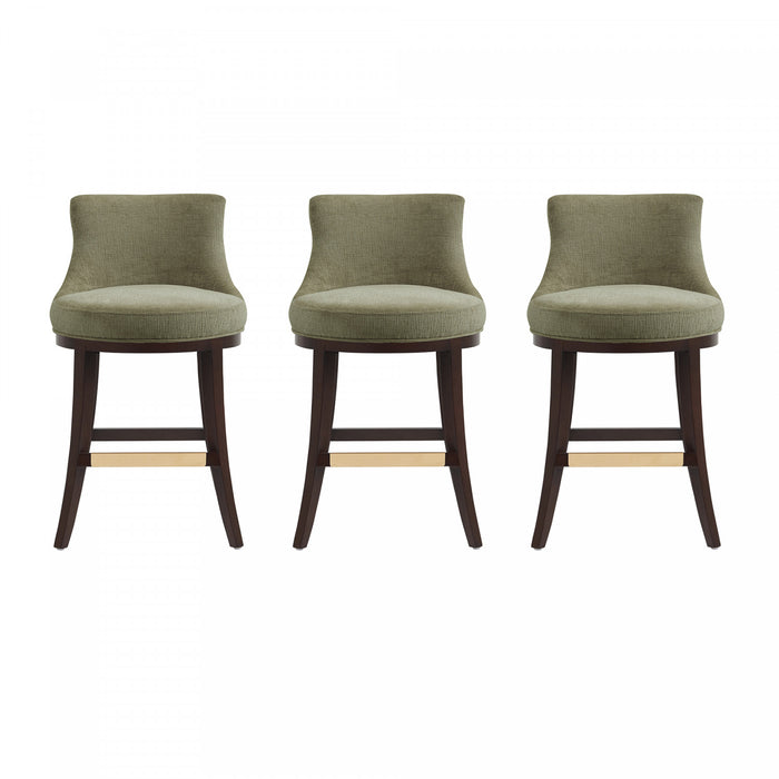 Lucia Modern Chenille Wood Counter Stool in Leaf Green - Set of 3
