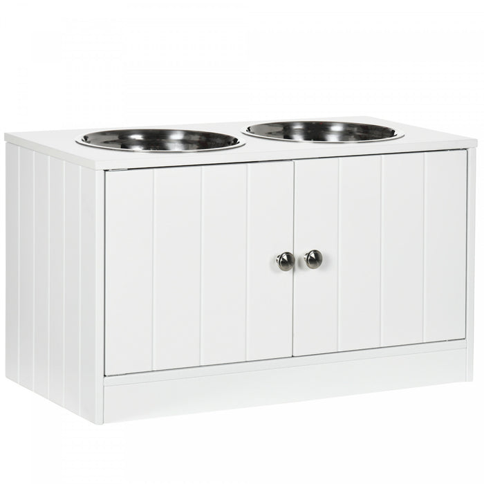 Pawhut Elevated Dog Bowls For Large Dogs Pet Feeding Station With Stand, Storage, 2 Stainless Steel Food And Water Bowls, White, 23.6\" X 11.8\" X 14\"