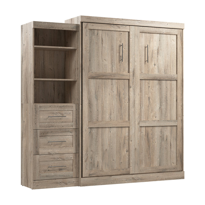 Bestar Pur Queen Murphy Shelving Unit with Drawers 90-Inch Wall Bed - Rustic Brown