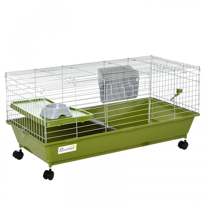 Pawhut 35\" Small Animal Cage, Rolling Bunny Cage, Guinea Pig Cage With Food Dish, Water Bottle, Hay Feeder, Platform, Ramp For Ferret Chinchilla, Green