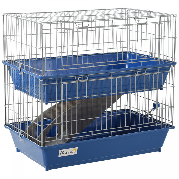 Pawhut Metal Small Animal Cage, 2-tier Guinea Pig Cage With 2 Doors, Platforms, Wide Ramp, Dish And Bottle, Deep Base, For Ferrets, Chinchillas, Bunnies, Blue