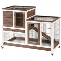 Pawhut Rabbit Hutch Indoor Bunny Cage Guinea Pig House On Wheels With Run, Pull Out Trays, Brown And