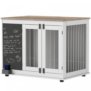Pawhut 39in Dog Crate Furniture, Dog Cage End Table With Three Doors, Blackboard, Non-slip Foot Pads, Dog Cage For Middle And Large Dogs, White