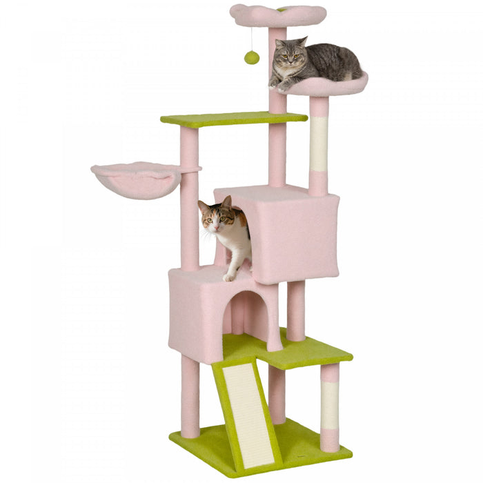 PawHut 62\" Flower Cat Tree, Multi-Level Large Cat Tower with 2 Condos, 2 Beds, Hammock, Sisal Scratching Posts & Pad, Plush Perch, Platforms, for Indoor Kittens, Pink