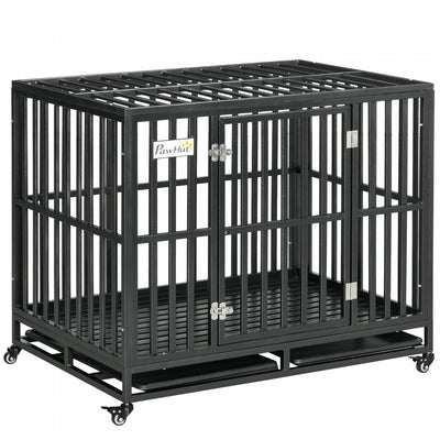 Pawhut Heavy Duty Steel Dog Crate Kennel Pet Cage With Wheels For Portability And A Door For Conveni|Pawhut – Cage En Metal Robuste Pour Chien, Chenil Et Cage, Parc Pour Chien Avec Roues Verrouillables