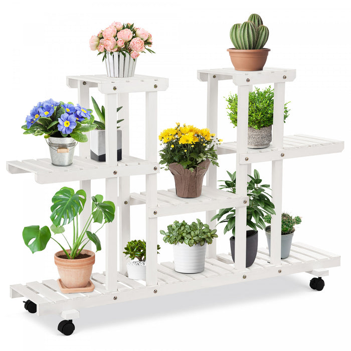 Costway 4-tier Rolling Flower Rack Wood Plant Stand Casters 12 Pots Bonsai Display Shelf
