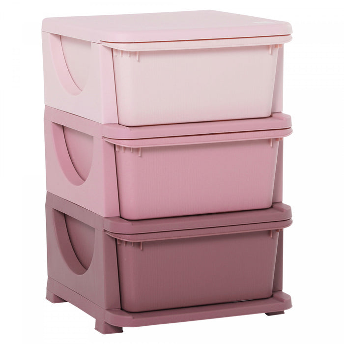 Qaba Kids Toy Storage Organizer With 3 Plastic Bins, 3 Tier Drawer Chest Utility For Kids Bedroom Nursery Kindergarten Living Room For Boys Girls Toddlers, Pink