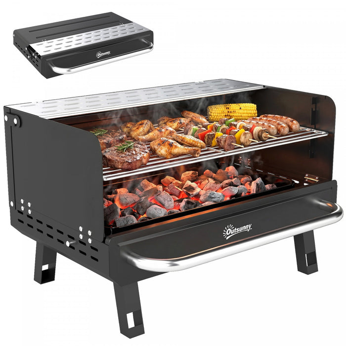 Outsunny Charcoal BBQ Grill, Portable Barbecue Grill with Adjustable Grates, Foldable Legs and Side Shelf for Camping Hiking Picnic Travel Garden Outdoor Cooking, Black