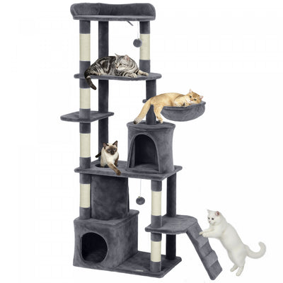 PawHut Cat Tree, 67" Large Cat Tower for Indoor Kittens Multi-Level with 7 Scratching Posts, Tunnel, 2 Plush Condos, Hammock, Perch, Ramp, Pompoms, Dark Grey