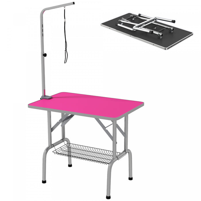 Pawhut Dog Grooming Table With Adjustable Grooming Arm, Pet Grooming Table For Dogs With Storage Shelf, Foldable Design Stainless Steel For All Sizes Dogs Cats, Pink