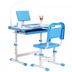 Qaba Kids Desk And Chair Set Height Adjustable Student Writing Desk Children School Study Table With Tilt Desktop, Led Lamp, Pen Box, Drawer, Reading Board, Cupholder, Blue