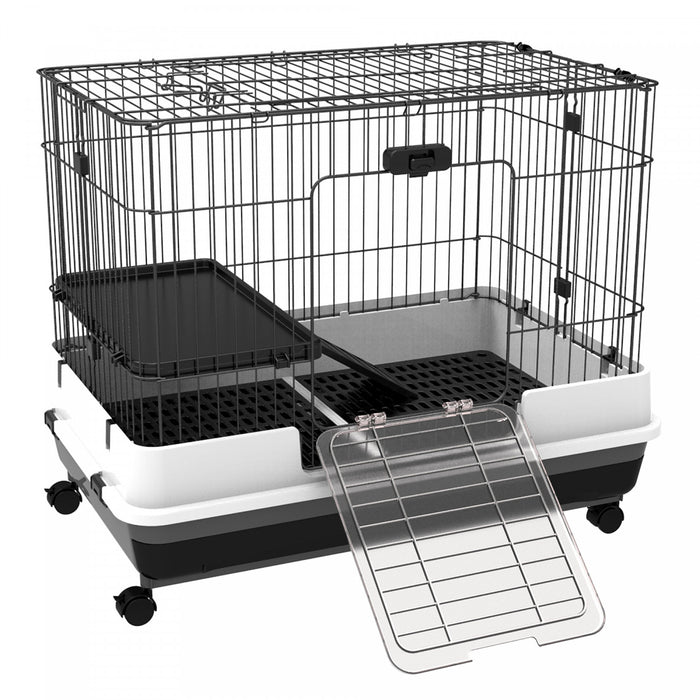Pawhut 28\"h 2-level Small Animal Cage Rabbit Hutch With Universal Lockable Wheels, Slide-out Tray For Bunny, Chinchillas, Ferret, Black