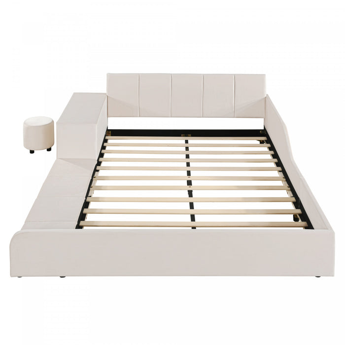 Lily Velvet Upholstered Grounded Bed with Desk and Stool,Full Size,Beige Full Bed