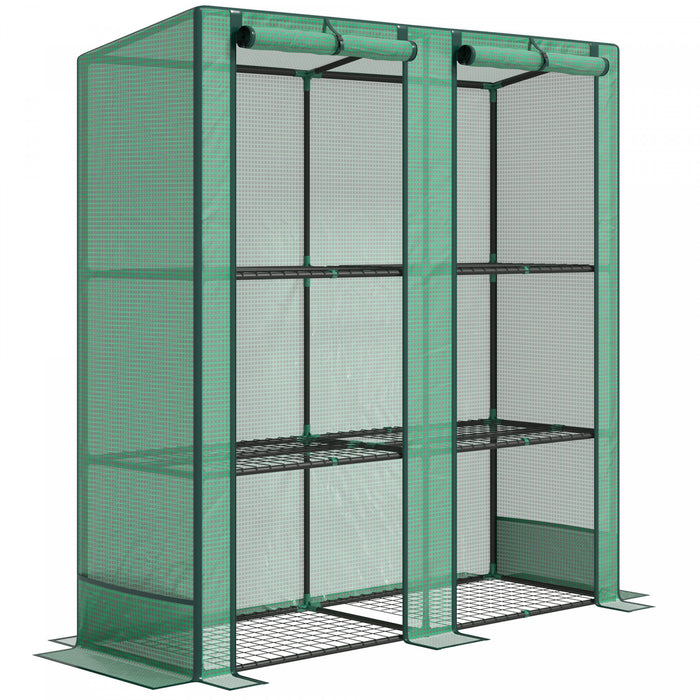 Outsunny Lean-to Mini Greenhouse With 3 Tier Shelves, Roll-up Doors, Green